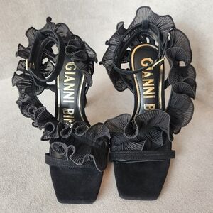 Gianni Bini dress sandals 6.5 black suede chiffon ruffle Franz high heel new$110